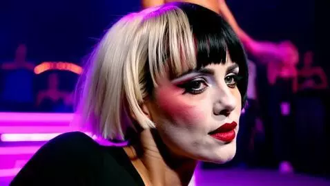 AI Video from prompt: In a neon-lit nightclub, the Harlequin dancer wi