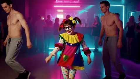 Neon-lit club scene. A cute, dorky clown girl da