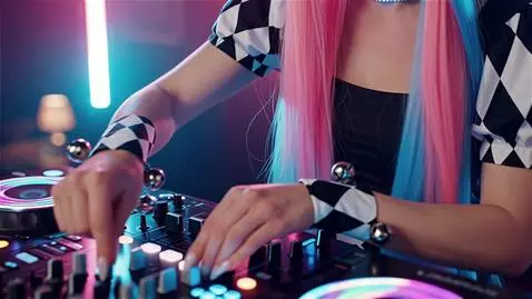 AI Video from prompt: Slow cinematic shot of the Harlequin DJ woman le