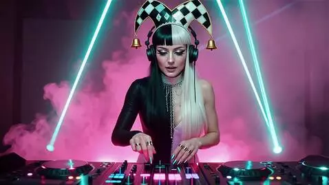 AI Video from prompt: w-angle cinematic shot of the Harlequin DJ stand