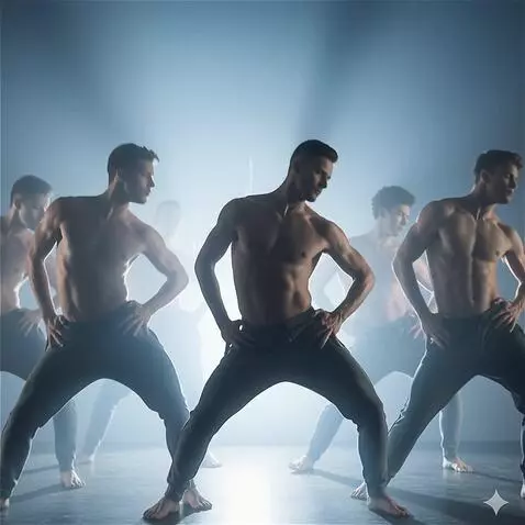 AI Video from prompt: “A group of athletic male dancers stand shirtles