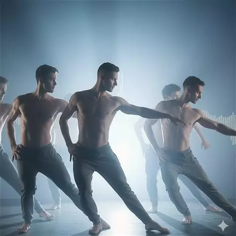 AI Video from prompt: On the same dimly lit stage, the shirtless male 
