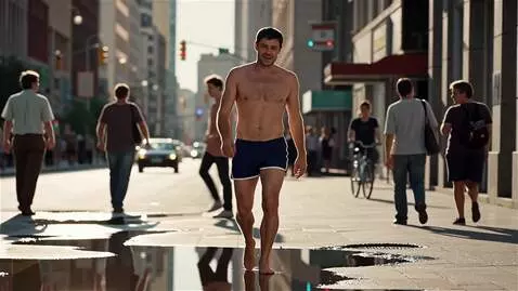 AI Video from prompt: Мужчина в плавках идёт по городу.