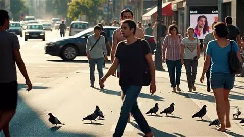 AI Video from prompt: Мужчина в плавках идёт по городу и молчит, рядом