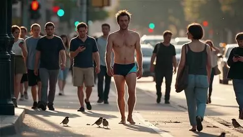 AI Video from prompt: Мужчина в плавках идёт по городу и молчит, рядом