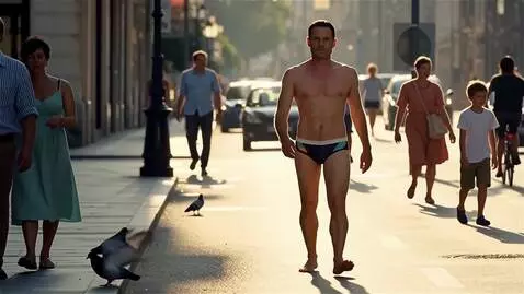 AI Video from prompt: Мужчина в плавках идёт по городу и молчит, рядом