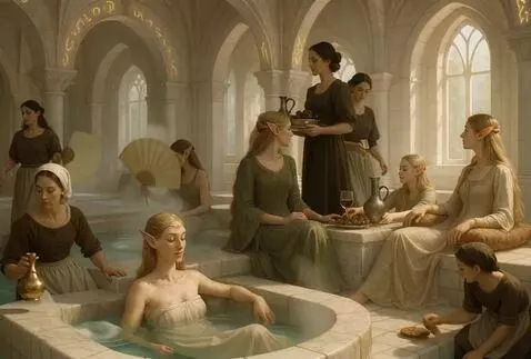 AI Video from prompt: Medieval fantasy bathhouse — a grand elven spa c