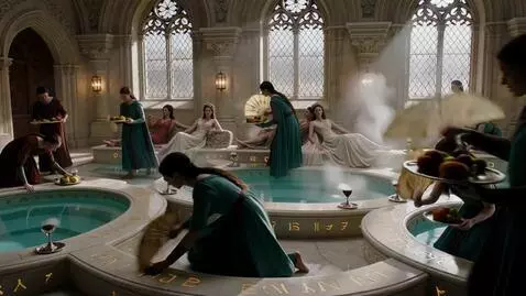 AI Video from prompt: Medieval fantasy bathhouse — a grand elven spa c