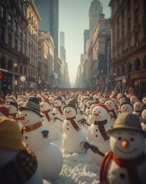 AI Video from prompt: Много снеговиков с угольными глазами, морковными