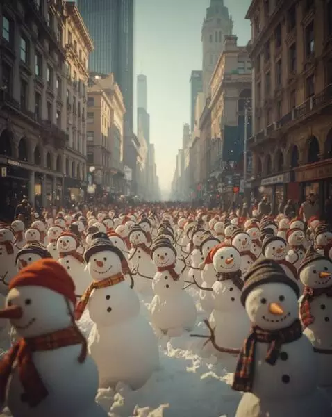 AI Video from prompt: Снеговики выстраиваются в две команды на заснеже