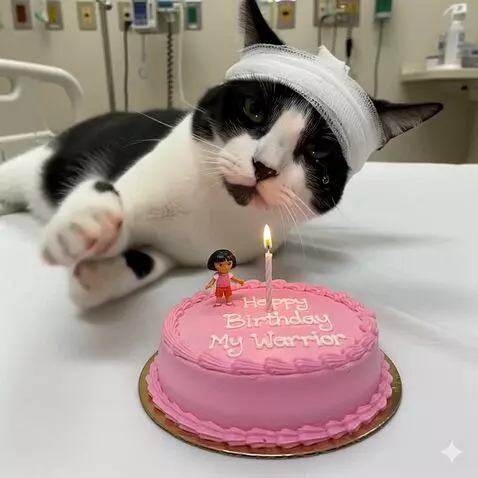 AI Video from prompt: The injured cat begins to cry softly, tears stre