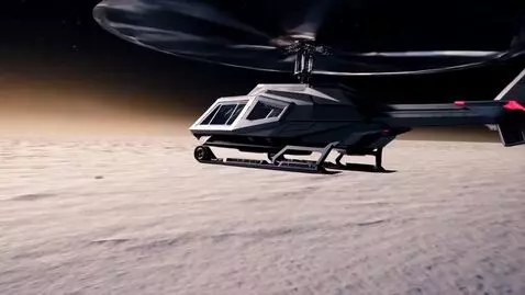 AI Video from prompt: A Cybertruck-helicopter hybrid flies over the ic