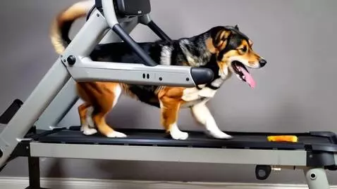 AI Video from prompt: a funny dog chases a dog treat on a treadmill