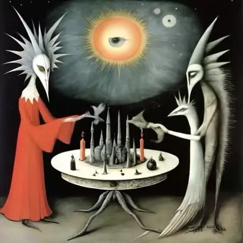 AI Video from prompt: creatures chat and exchange figures, an eye in t