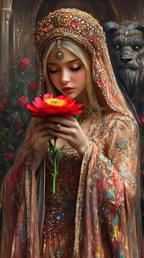 AI Video from prompt: The beauty brings the flower to her face, inhale