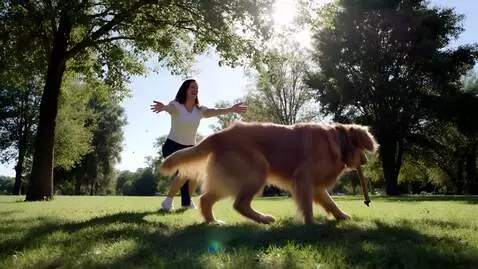 AI Video from prompt: A retriever dog runs towards its owner, holding 