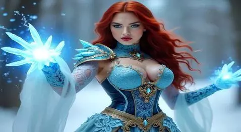 AI Video from prompt: Woman’s cyan ice magic turns into a dragon