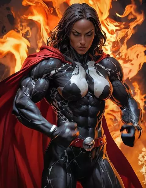 AI Video from prompt: Spawn girl muscular bodybuilder, bodysuit, flame