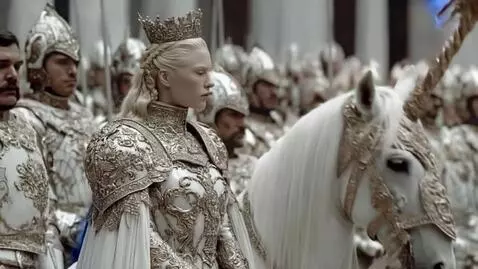AI Video from prompt: A majestic fantasy queen rides a white, glowing 