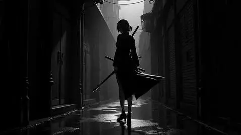 AI Video from prompt: A black-and-white anime scene. The same female w