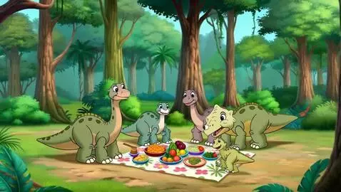 AI Video from prompt: A group of cartoon dinosaurs having a picnic in 