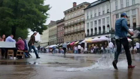 AI Video from prompt: Square. A sudden downpour. People are hiding und