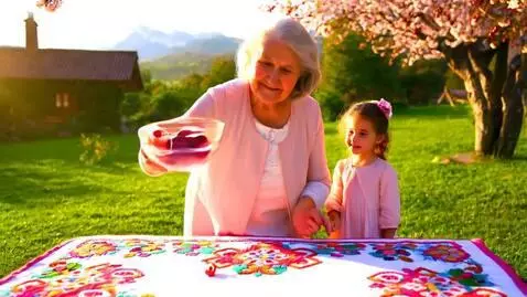 AI Video from prompt: Village, yard. Grandmother spreads a tablecloth 