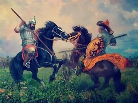 AI Video from prompt: Two medieval warriors, a Russian bogatyr on the 