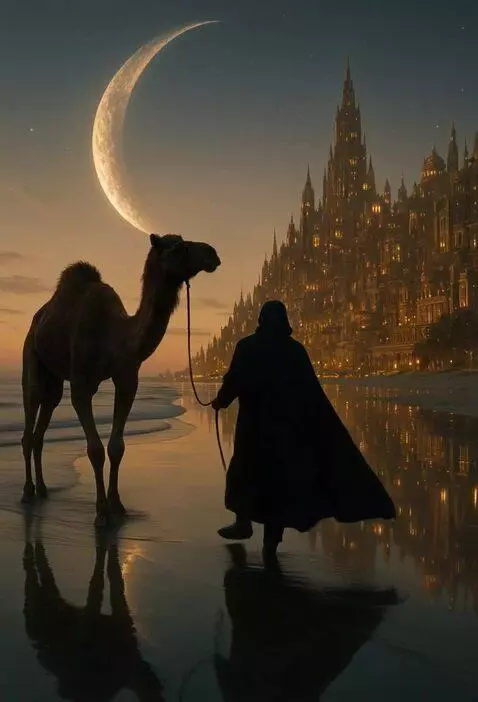 AI Video from prompt: Animate this scene: a robed man leads a camel ac