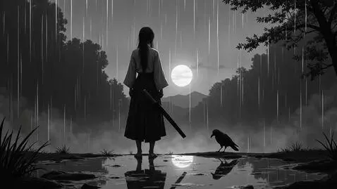 AI Video from prompt: A cinematic black-and-white anime scene. The sam