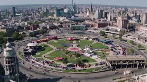 AI Video from prompt: Cinematographic copter view of attraction park i