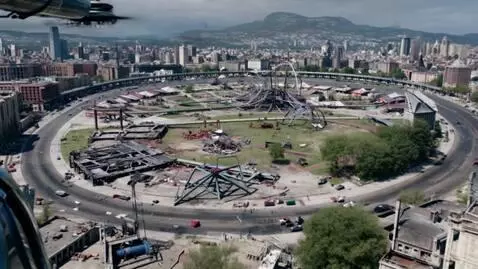 AI Video from prompt: Cinematographic copter view of destoyed attracti