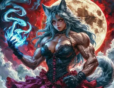 AI Video from prompt: Anime fox girl bodybuilder holds blue flame, fog