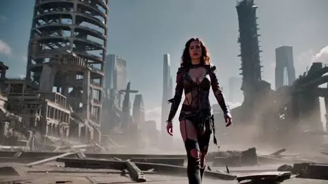 AI Video from prompt: A sexy woman in torn futuristic clothing walks a