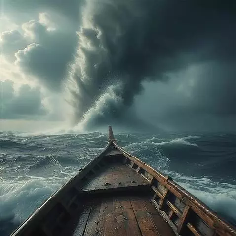 AI Video from prompt: The boat rocks violently up and down on the wave