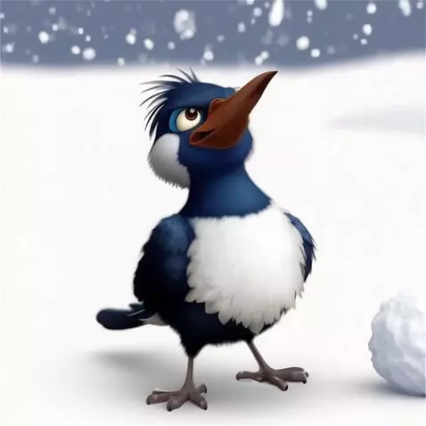 AI Video from prompt: падает снег в птицу прилетает снежный комок она 