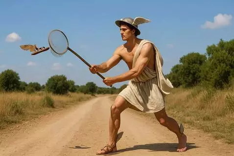 AI Video from prompt: Бог Гермес пытается сачком поймать крылатую санд