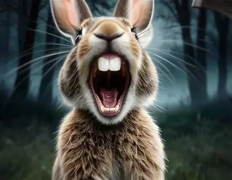 AI Video from prompt: заяц громко кричит, камера влетает зайцу в рот, 