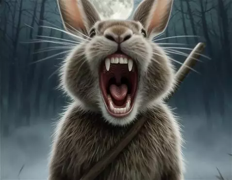 AI Video from prompt: заяц громко кричит, камера влетает зайцу в рот, 