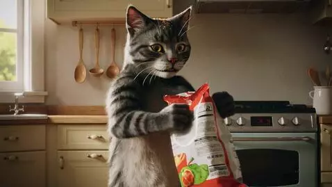 AI Video from prompt: A humanoid dark-striped cat attempts to open a b