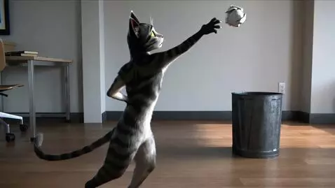 AI Video from prompt: A humanoid dark-striped cat tries to dramaticall