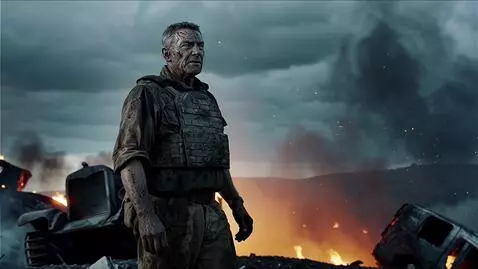 AI Video from prompt: A grizzled colonel stands atop a war-torn ridge,