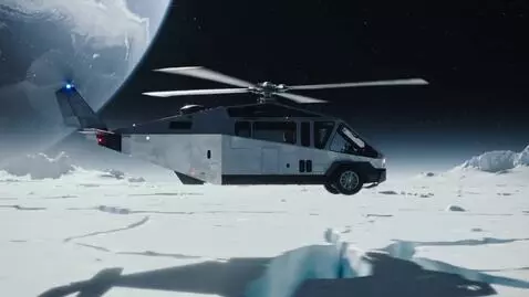 AI Video from prompt: A Cybertruck-helicopter glides over the icy snow