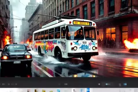 AI Video from prompt: Апокалипсис.Троллейбус едет вперёд, несётся быст