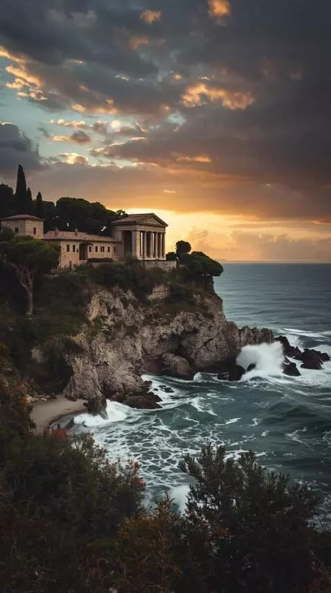 AI Video from prompt: A dark sky with golden clouds, a rocky seashore,