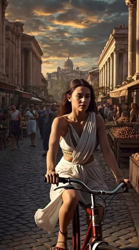 AI Video from prompt: A woman rides a bicycle along a city street. **A