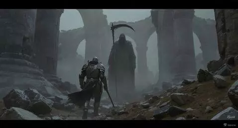 AI Video from prompt: the warrior in worn, battle-scarred armor slowly