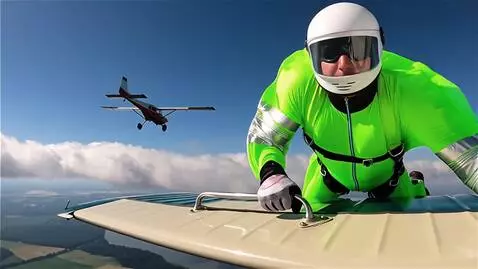 AI Video from prompt: A skydiver in a bright neon jumpsuit and helmet 