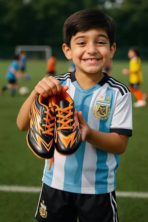 AI Video from prompt: seorang anak tampil bahagia mempromosikan sepatu