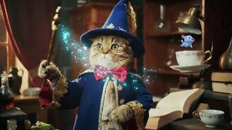 AI Video from prompt: смешной кот в шапочке и халате магистра магии ко